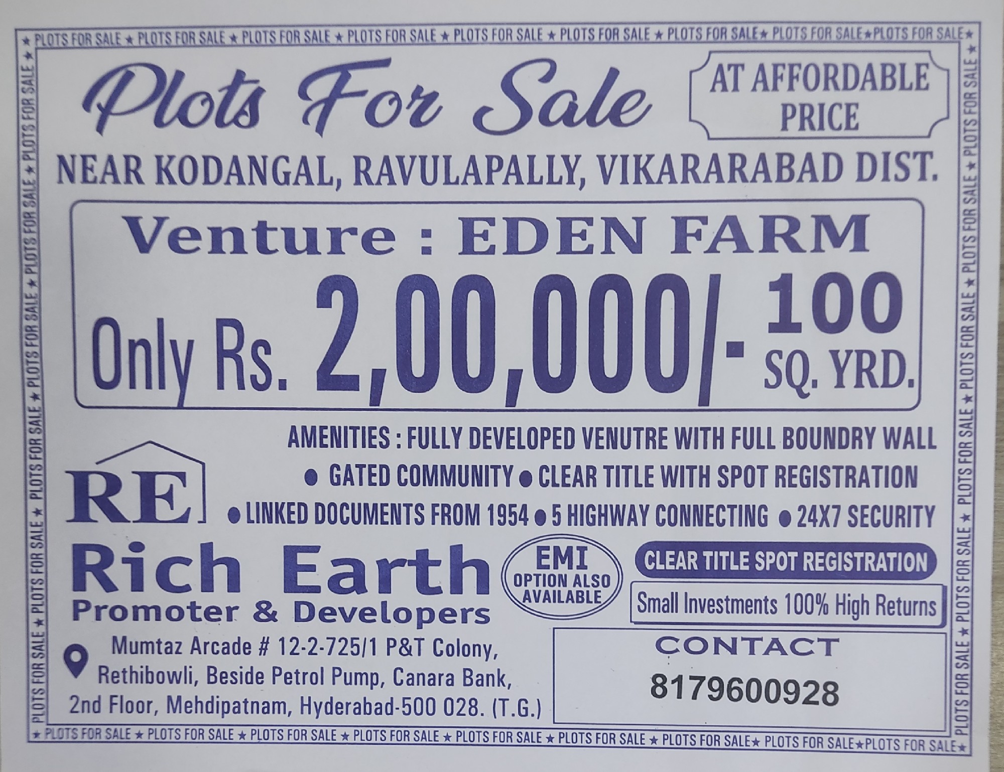 farm land plots for sale at kodangal rawalpalli