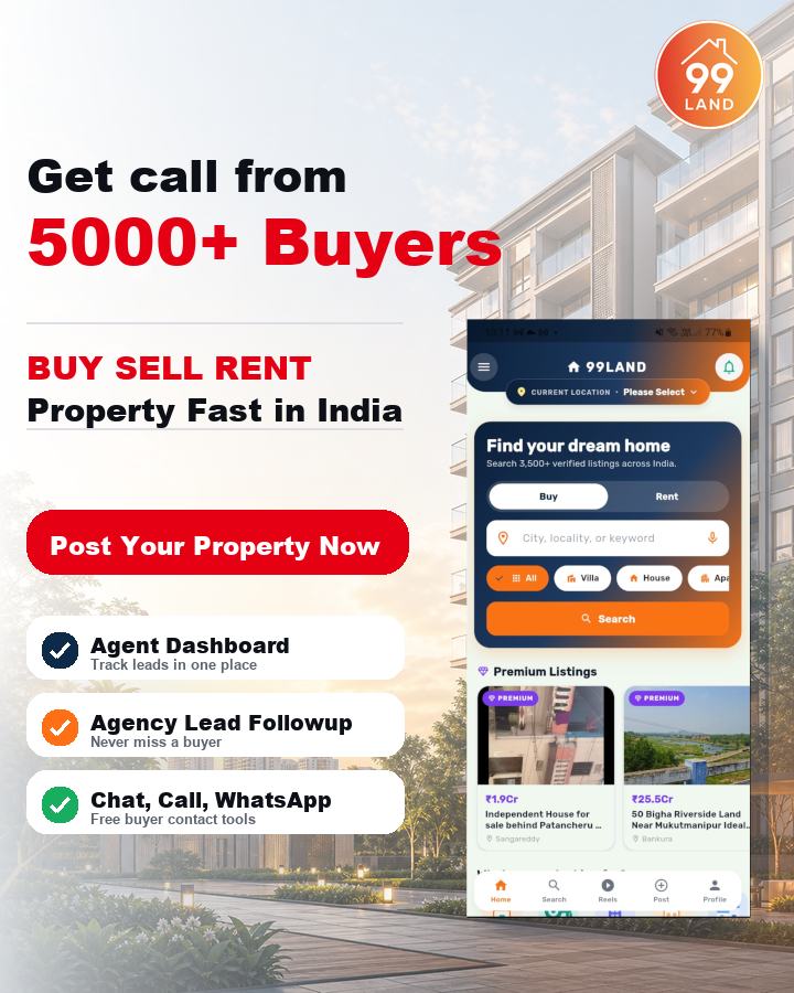 99Land app banner showing buyer leads, agent dashboard, agency follow-up, chat, call, and WhatsApp property tools