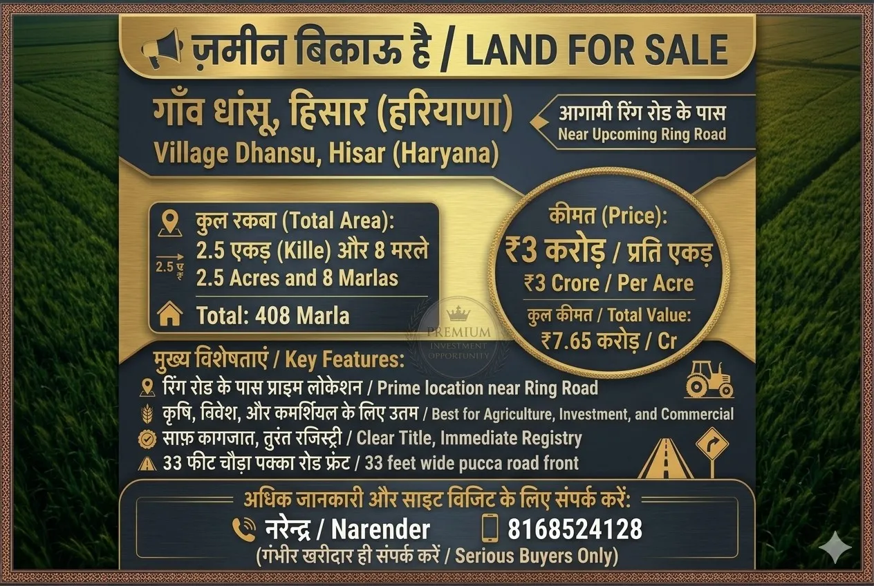 Agriculture Land sell for 2.5 acer village Dhansu Hisar 33 feet road front